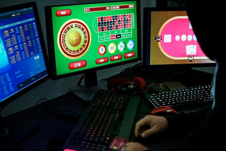 Antarmuka permainan Hood vs Wolf di aplikasi mobile nerdle menampilkan lima gulungan, simbol karakter, dan kontrol taruhan